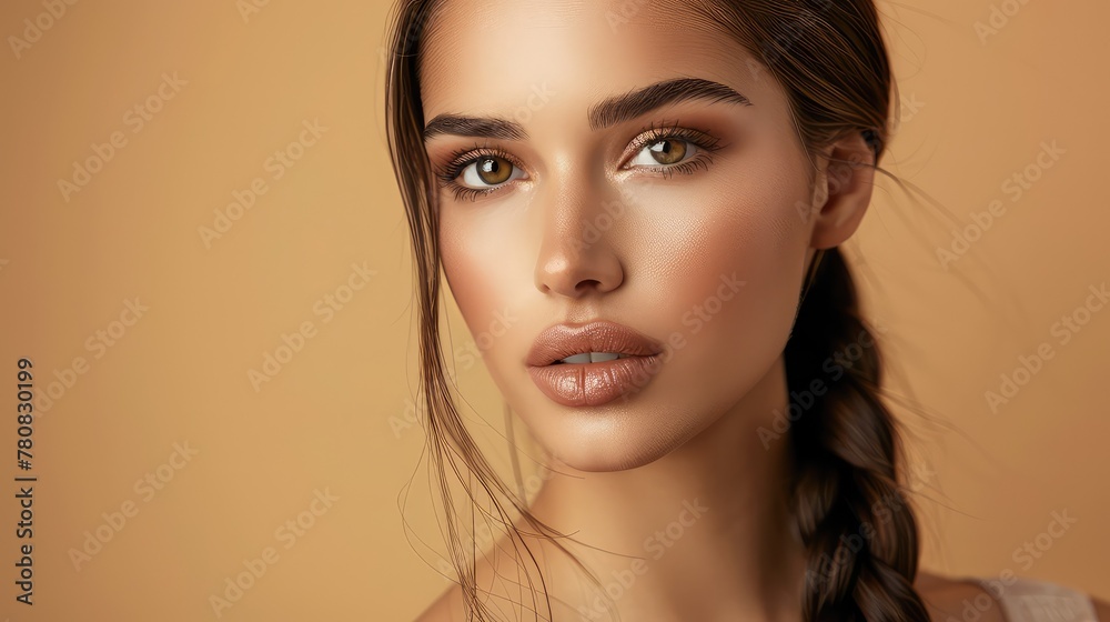 Captivating Portrait of a Beautiful Woman with Long Straight Hair and an Intricate Braid, Showcasing a Natural Makeup Look Captivating Portrait of a Beautiful Woman with Long Straight Hair and an Intricate Braid, Showcasing a Natural Makeup Look