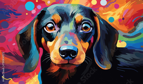 Whimsical illustration of a Dachshund puppy with vibrant colorful abstract artwork painting background