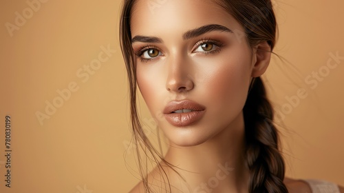 Captivating Portrait of a Beautiful Woman with Long Straight Hair and an Intricate Braid, Showcasing a Natural Makeup Look