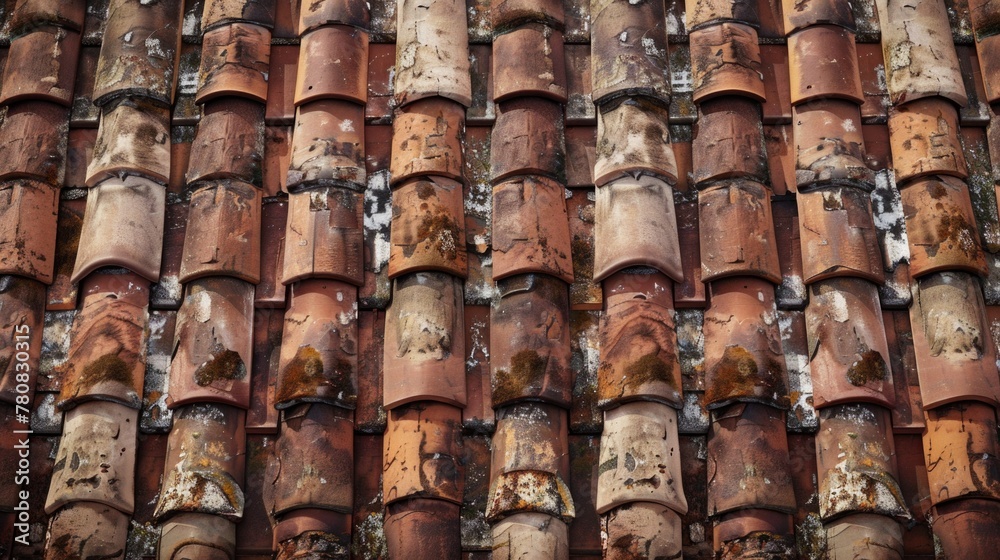 Close up of a rusted tiled roof, suitable for construction and renovation projects Close up of a rusted tiled roof, suitable for construction and renovation projects