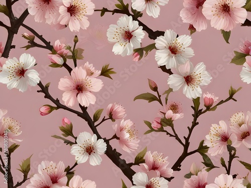 A seamless pattern of blooming cherry blossoms against a pale pink background, generative AI