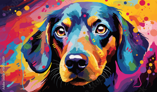 Whimsical illustration of a Dachshund puppy with vibrant colorful abstract artwork painting background