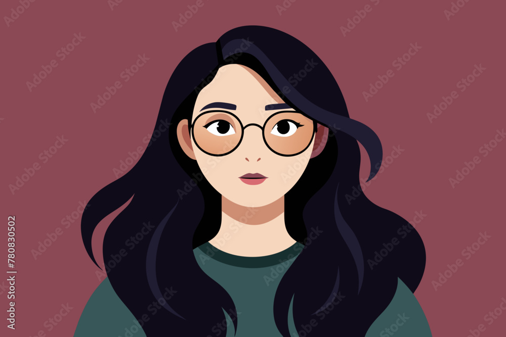Long black hair, black eyes, round face, wearing glasses Long black hair, black eyes, round face, wearing glasses