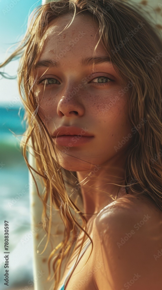 A woman with freckles and blue eyes stands on the beach with a surfboard.