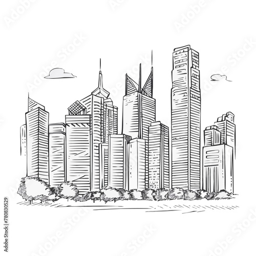 City graphic black white cityscape skyline sketch long illustration vector