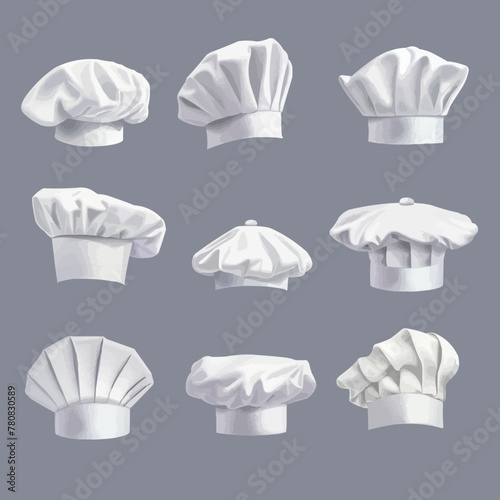 Chefs hats set. Culinary chef headwear for food preparation and cooking with professional folds and trendy vector gourmet design