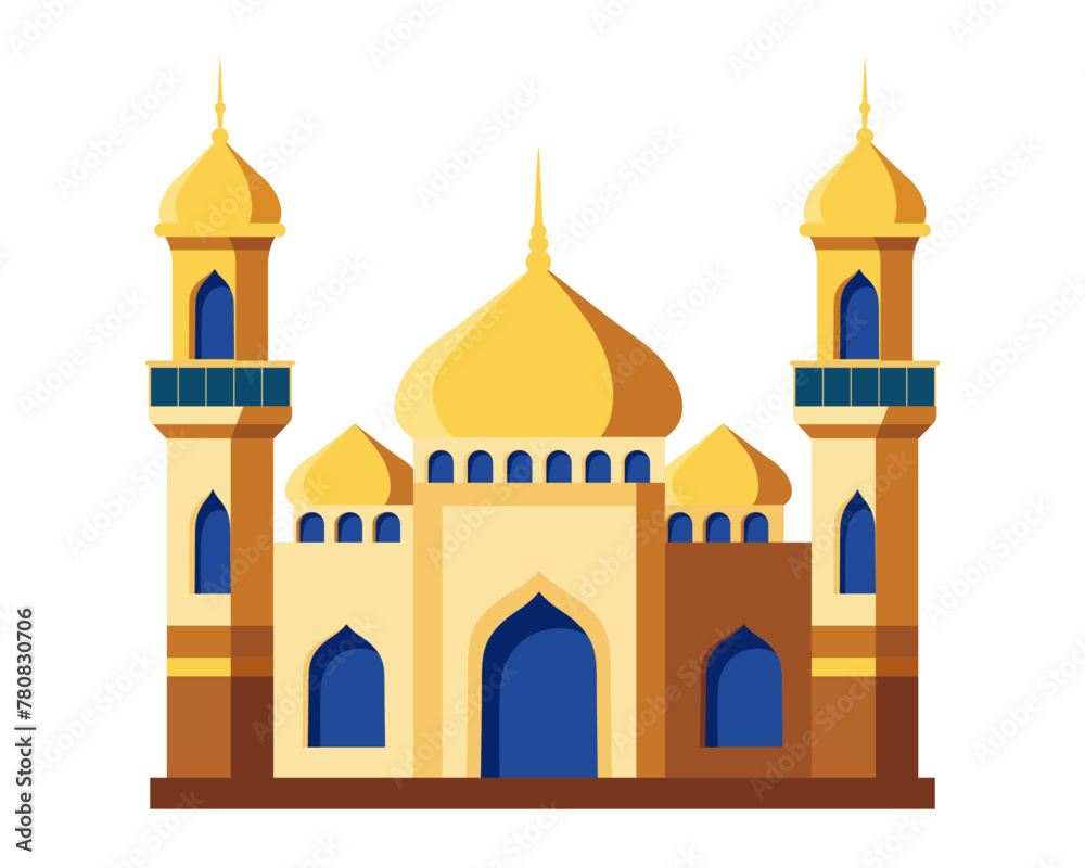 Islamic mosque with a golden dome and minaret. Mosque muslim arabic architecture religious graphics. Prayer building islamic culture. Flat style, sacred architecture. Vector illustration.