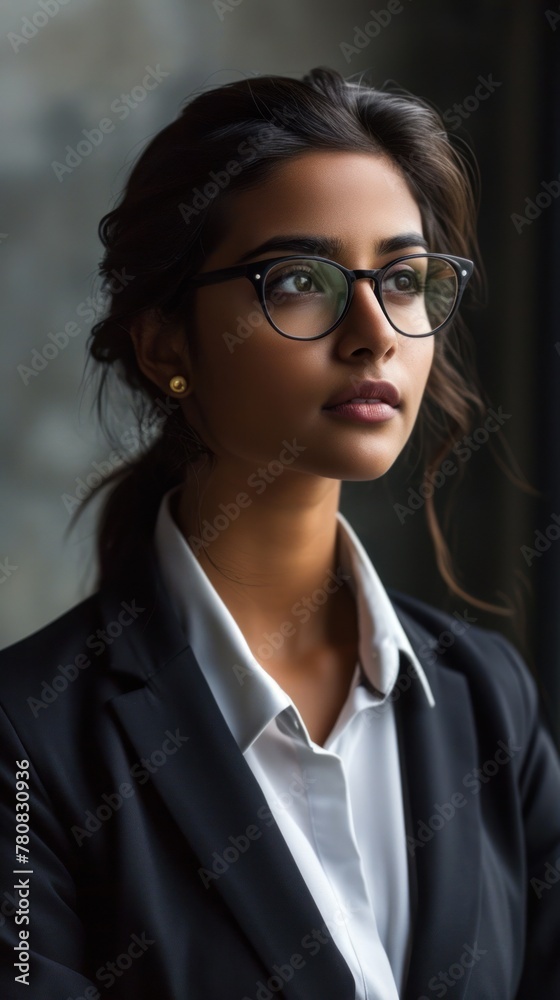 An Indian woman in glasses and a suit looks to the side. An Indian woman in glasses and a suit looks to the side.