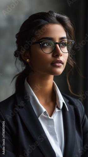 An Indian woman in glasses and a suit looks to the side.
