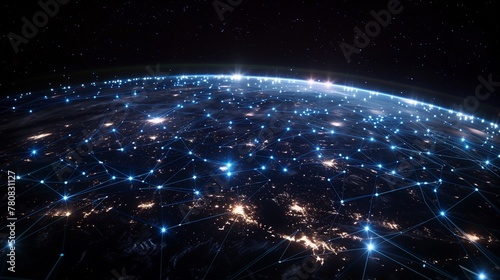Hyper-Realistic Display of the Earth's Surface Adorned with a Mesh of High-Speed Digital Networks, Shining Brightly Against the Night.