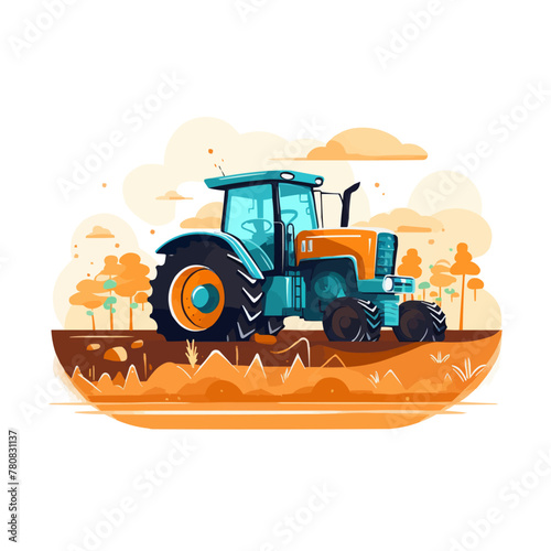 Agriculture machine works at farm field, land. Rotary tractor at farmland, preparing soil. Ground, earth preparation for crop cultivation. Flat vector illustration isolated on white background