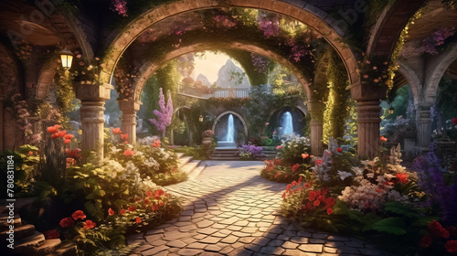 Archway in an enchanted fairy garden landscape