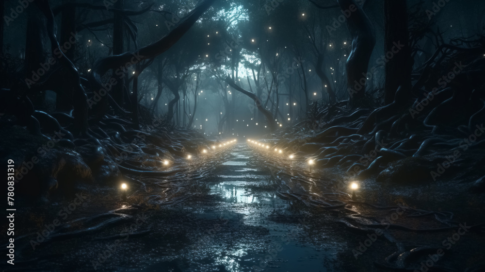 Fantasy forest at night, magic glowing path and lights in fairytale wood