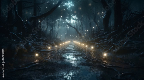Fantasy forest at night, magic glowing path and lights in fairytale wood © lali