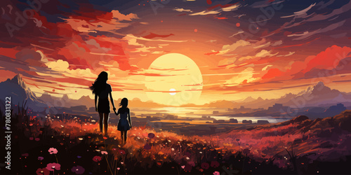 Waiting for you in a beautiful place. Woman and her child standing on the meadow looking forward at the horizon, digital art style, illustration