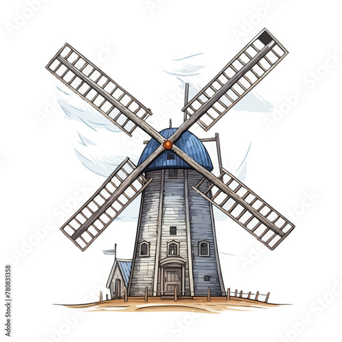 2D illustration of a windmill isolated on a white background. The windmill has four long and large blades. Windmills are used in agriculture