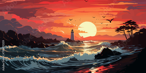 Vector landscape with lighthouse illustration. Sunset at sea. vector flat bright colors