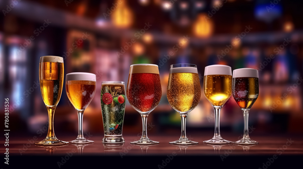 Different alcohol drinks set - beer, wine, cocktail, juice, champagne, scotch, soda are placed on the counter bar in the restaurant