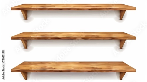 Realistic depiction of a set of empty wooden store shelves, featuring a wood texture. Vector illustration of a grocery wall rack. photo