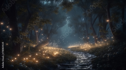 Fantasy forest at night  magic lights and fireflies in fairytale wood