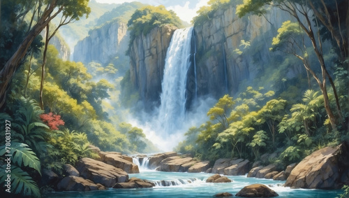Watercolor painting of a majestic waterfall cascading down rugged cliffs  surrounded by lush tropical foliage.