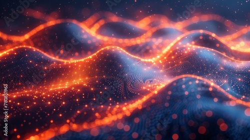 Abstract technology background with glowing lines and dots, in dark blue and orange colors. Abstract futuristic digital network or data transfer concept. Digital rendering of an abstract wallpaper © DarkinStudio