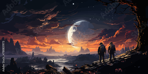 Two astronauts siting on rocks looking at the night sky, digital art style, illustration painting