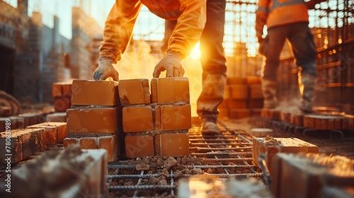 Construction worker of industrial bricklayer installing bricks on construction site photo