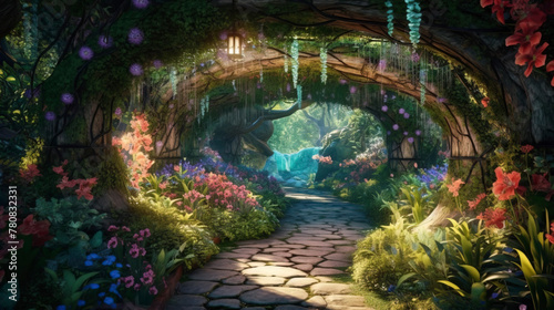 Archway in an enchanted fairy garden landscape