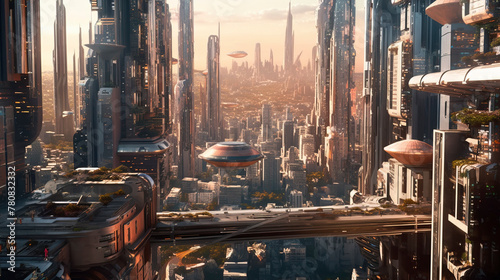 Futuristic cityscape, with towering structures and advanced technology © lali
