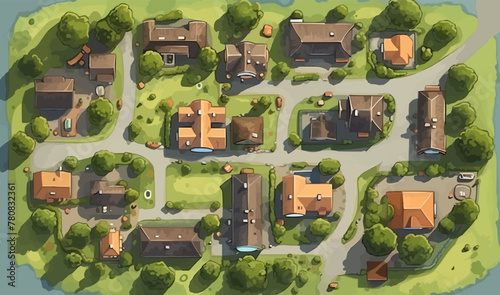 top view dron shot of village vector flat isolated illustration
