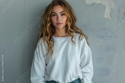 Mockup of a woman in jeans wearing a frontback sweatshirt for a photo shoot. Concept Mockup, Frontback Sweatshirt, Woman, Jeans, Photo Shoot photo