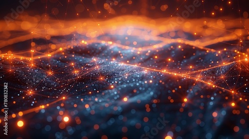 Abstract technology background with glowing network connection and polygonal wireframe lines in dark blue, orange and black colors. Digital futuristic wallpaper for business concept