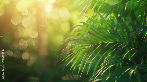 Tropical Palm Tree Background: Isolated Leaf with Soft Bokeh Effect in the Sun, Perfect for Presentations and Texts.
