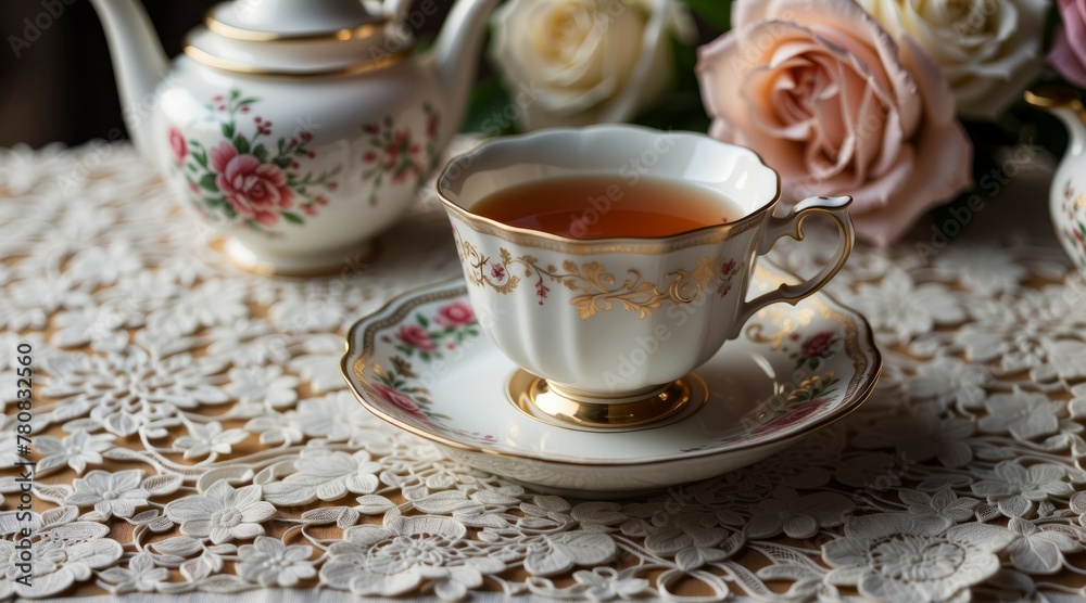 Fototapeta premium Mug with tea on a lace tablecloth
