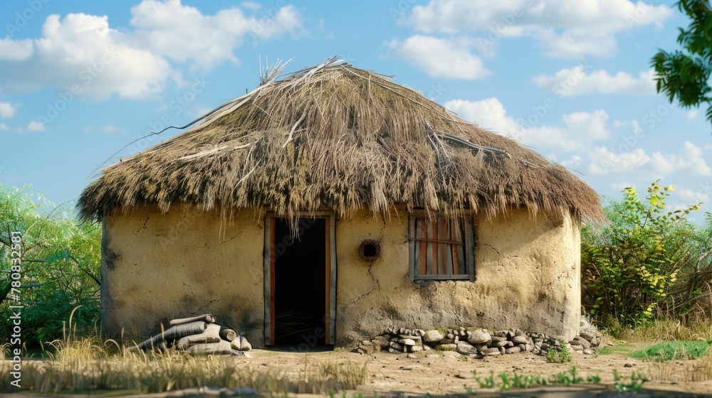 Traditional thatched hut with rustic door and window. Suitable for travel brochures or rural living themes