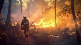 Firefighters works on fire, fireman walks through burning forest