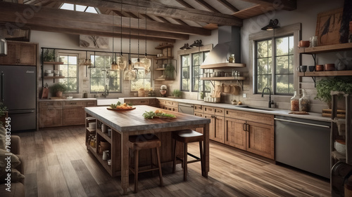 beautiful Cozy farmhouse style kitchen with a large island