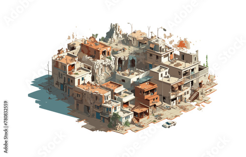 top view aerial shot of destroyed city isolated vector style with transparent background illustration