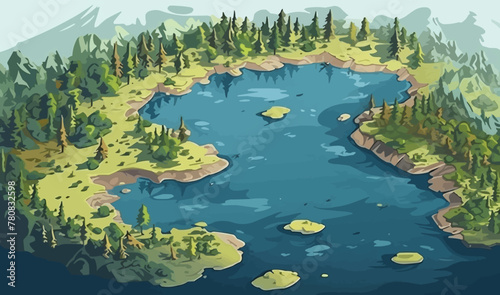 top view aerial shot of lake vector flat isolated illustration