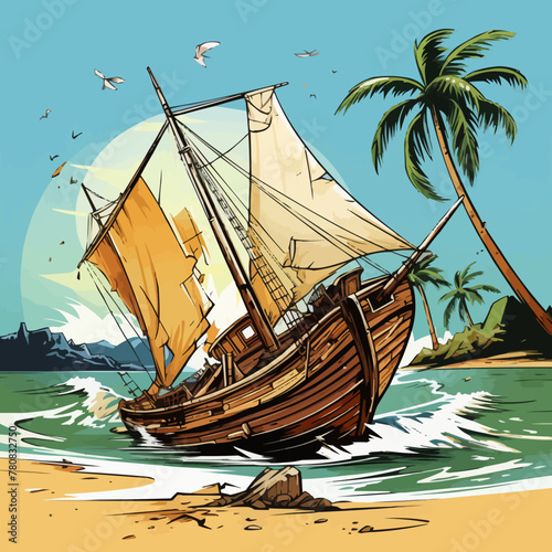 Wrecked ship on tropical island. Vector cartoon illustration of old abandoned sailboat with damaged board, torn sails on mast, cracked steering wheel, green palm tree on sandy beach, shipwreck scene