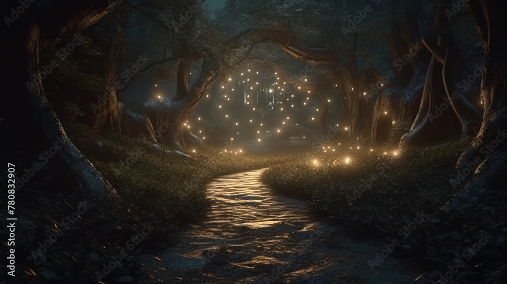 Fantasy forest at night, magic lights and walkway in dark fairytale wood