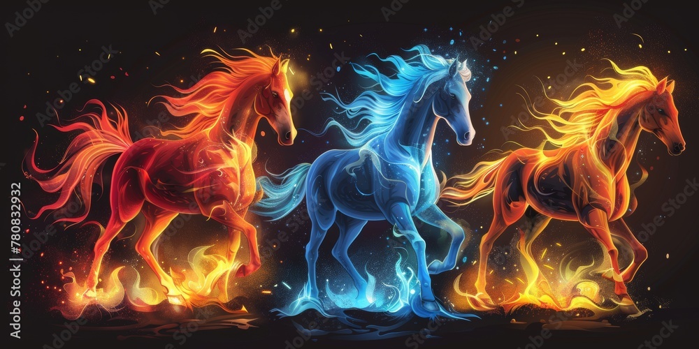 A group of horses running through a field of fire. - obrazy, fototapety, plakaty 