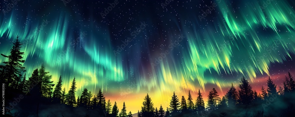 Awe Inspiring Celestial Dance A Stunning Aurora Borealis Display Illuminating the Tranquil Silhouetted Forest Landscape