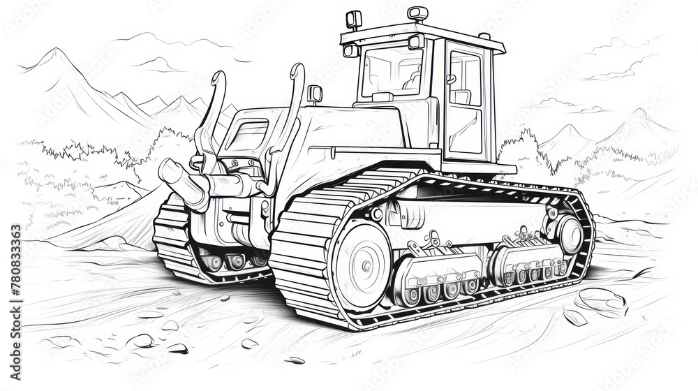 White silhouette of a bulldozer tractor for manual coloring - sketch, working, and the joy of creative development.