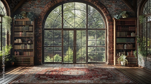 Rendered depiction of a vintage room with small bookshelves and a brick wall  offering an empty space for customization.