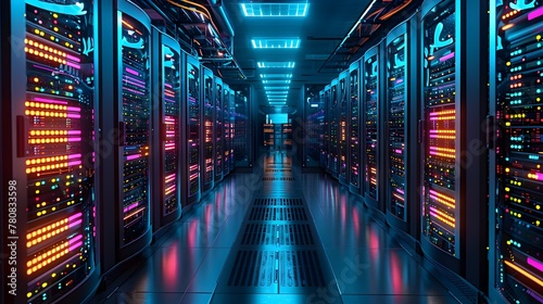 Vibrant High Tech Server Room Representing Modern Digital Infrastructure and Cloud Computing Backbone