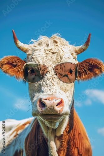A brown and white cow wearing sunglasses on a bright sunny day. Suitable for various summer-themed designs