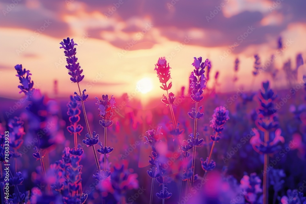 Fototapeta premium A beautiful field of purple flowers with the sun setting in the background. Perfect for nature or landscape backgrounds