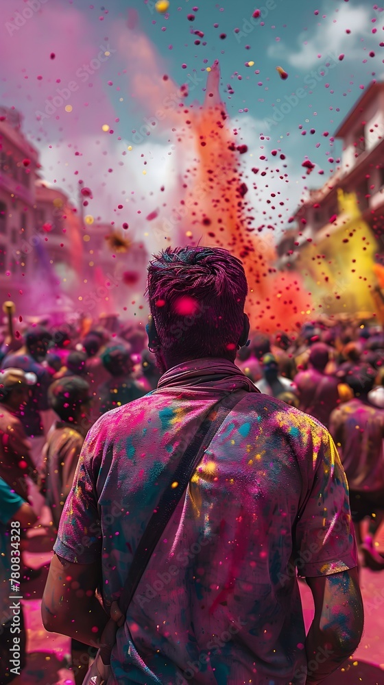 Joyous Chaos of the Vibrant Holi Festival Celebrants Covered in Vivid Powders Rejoicing in Collective Delight